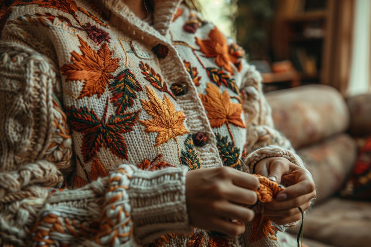 DIY : Tutoriel broderie gilet motifs feuilles d'automne - Apprendre facilement
